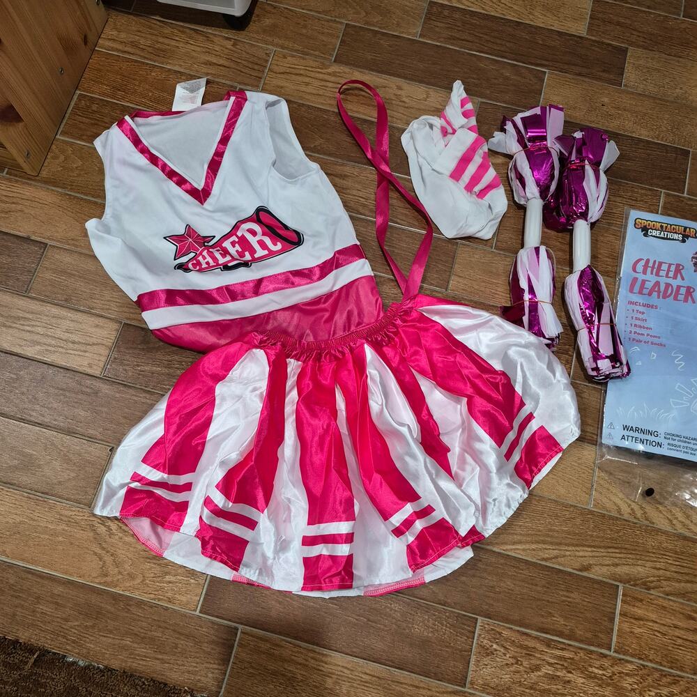 New CHEER LEADER PINK pom-pom Costume Halloween Girls sz MED